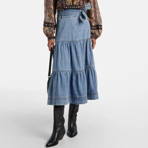 Veronica Beard Armida Tiered Denim Midi Skirt Belt Missing